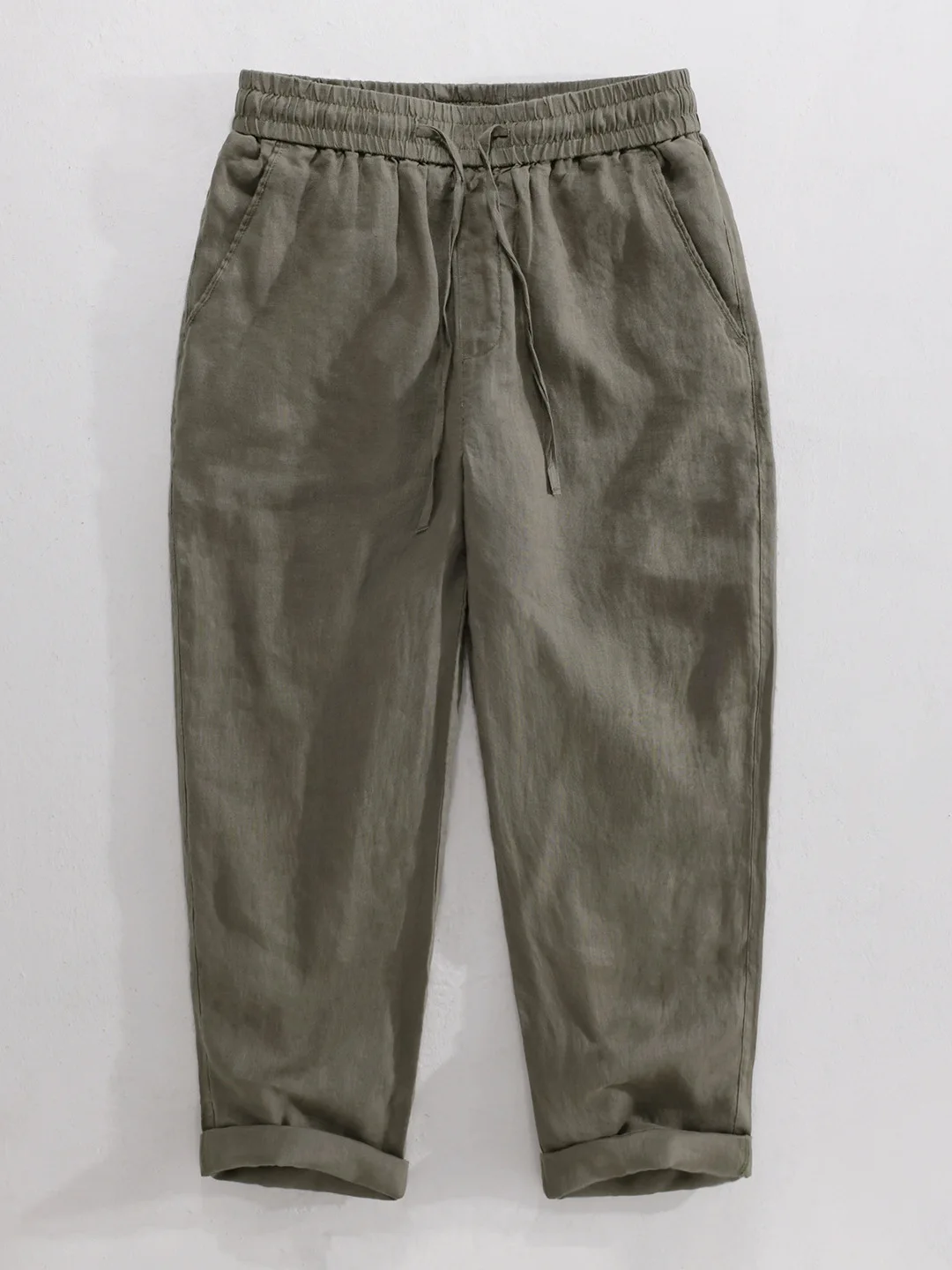 Men's Linen Casual Pants Breathable Straight Leg Summer New Style Pure Color Comfortable High Waist Zipper Pocket Decorative