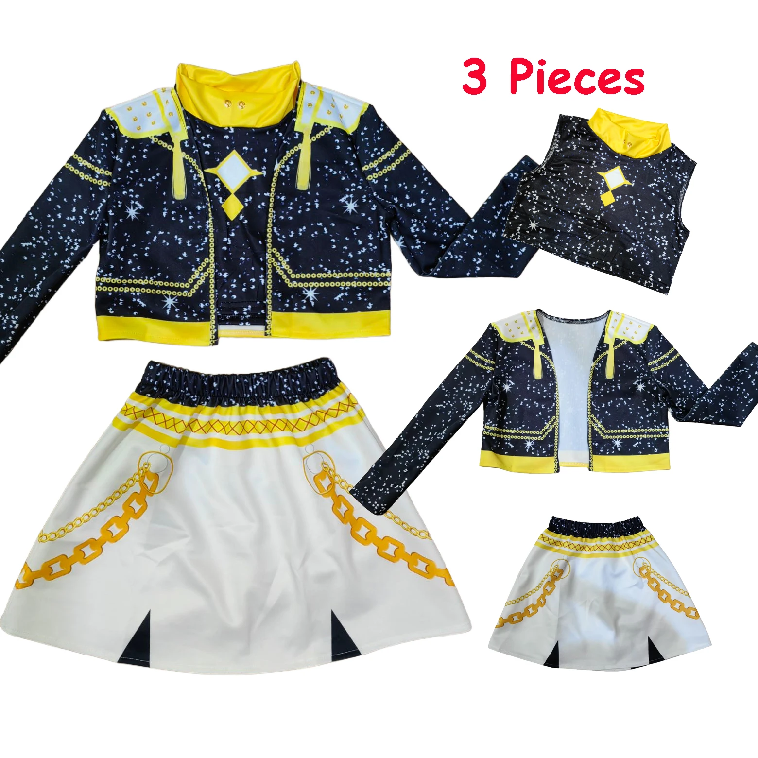 Kinder Anime Cosplay Mädchen Kostüm Gruppen-Idol Sänger Auftrittsshow Schwarz-Goldenes Kostüm Kinder Halloween Party Kleidung Outfit