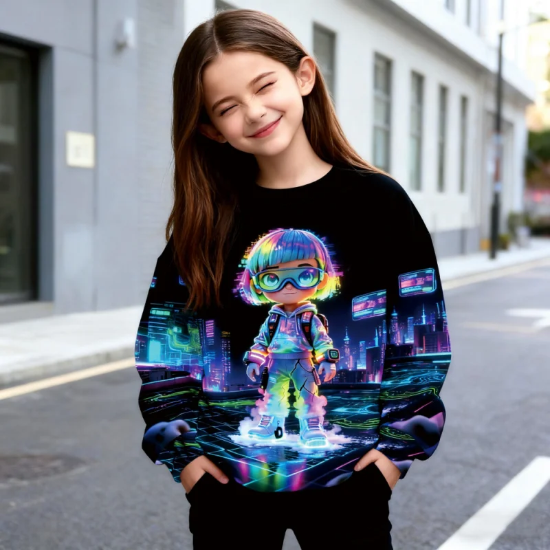 

2025 New Girls Cyberpunk Sweatshirt - Cartoon Neon Graphic Print Long Sleeve Casual Pullover Top for Kids