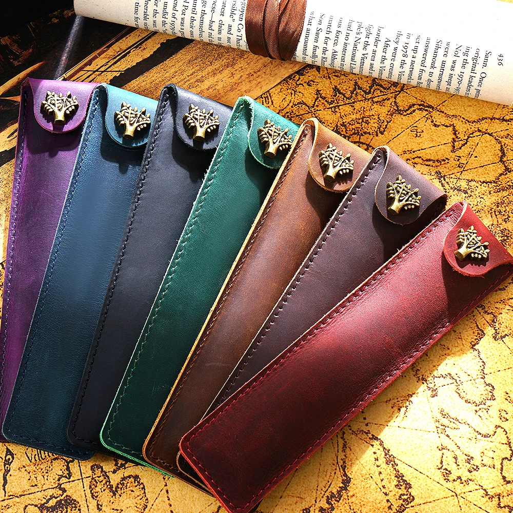 AIGUONIU Genuine Leather Pen Pouch Holder Single Pencil Bag Pen Case With Snap Button For Rollerball Fountain Ballpoint Pen