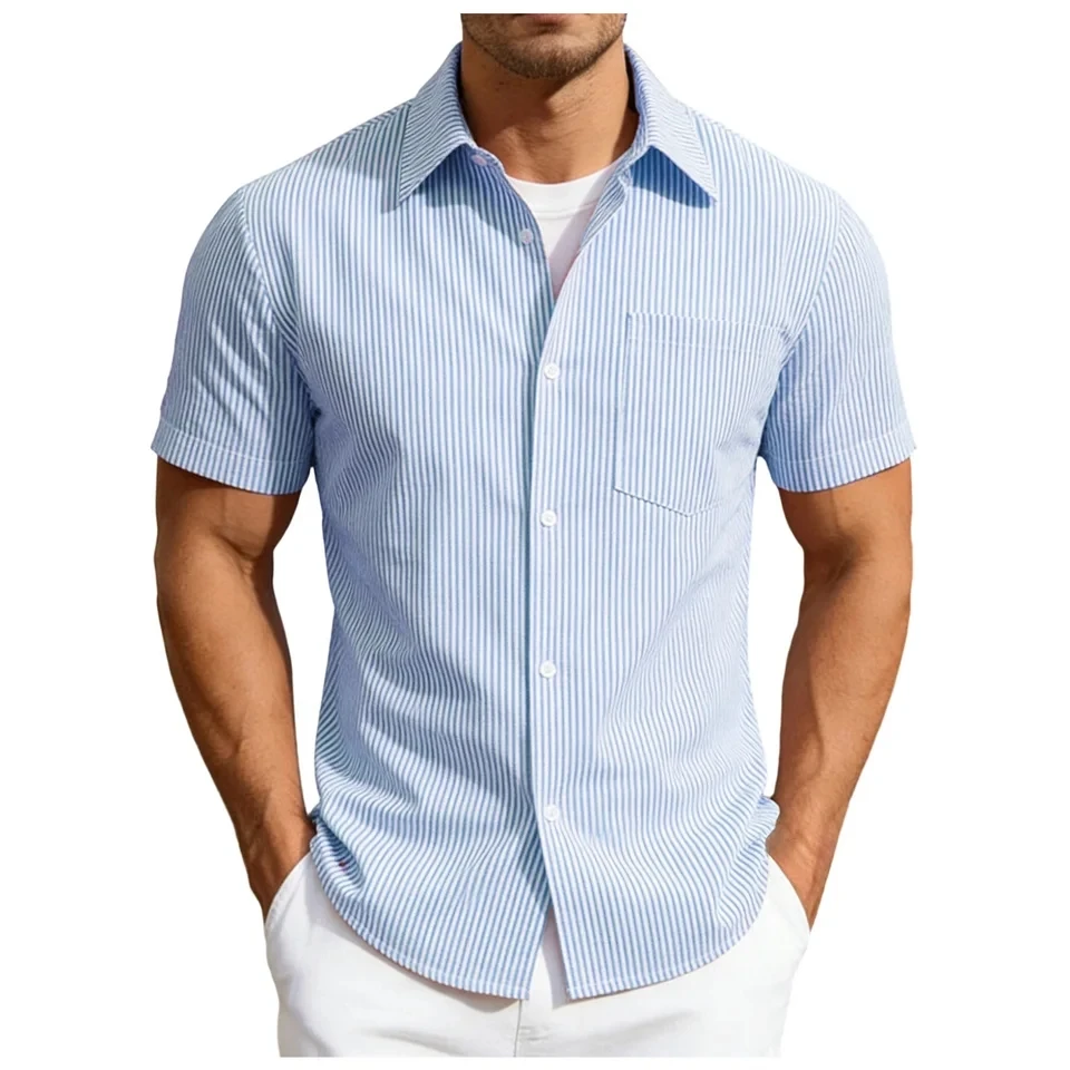 

Summer Striped Men's Shirt Casual Short Sleeve Tops Large Size Loose Holiday Blouses Mens Clothing Hawaiian Beach Shirts