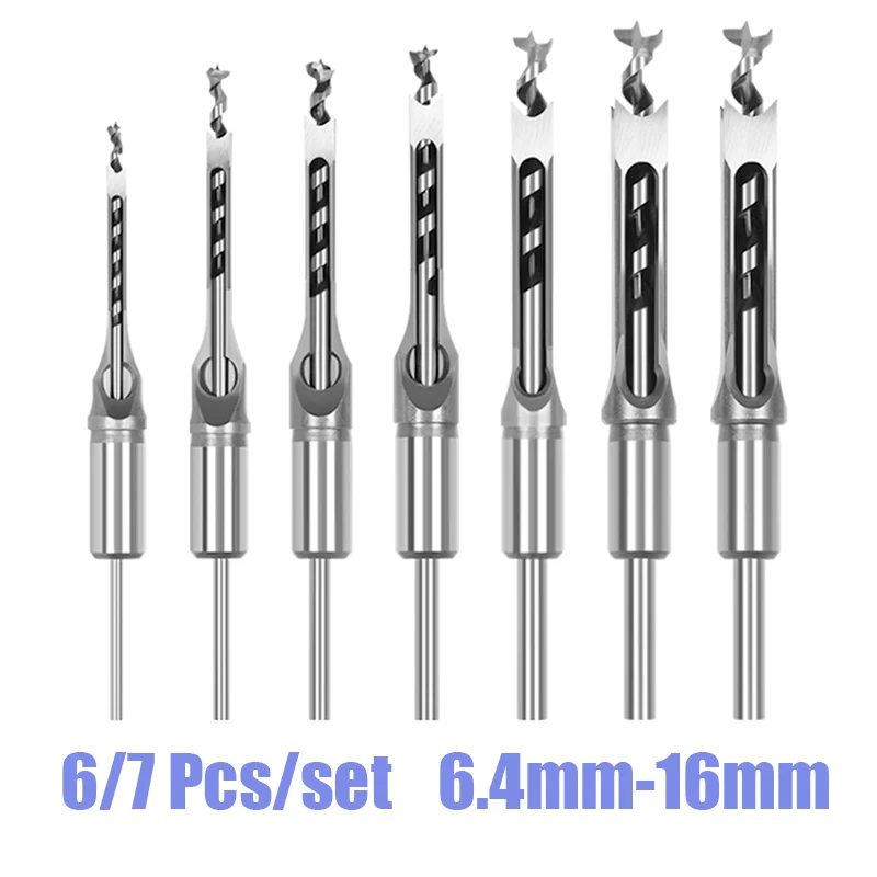 

6Pcs/7Pcs Square Hole Drill Woodworking Drill Tools 6.4-16mm Auger Mortising Chisel Drill Wood Carving DIY Furniture Woodworking