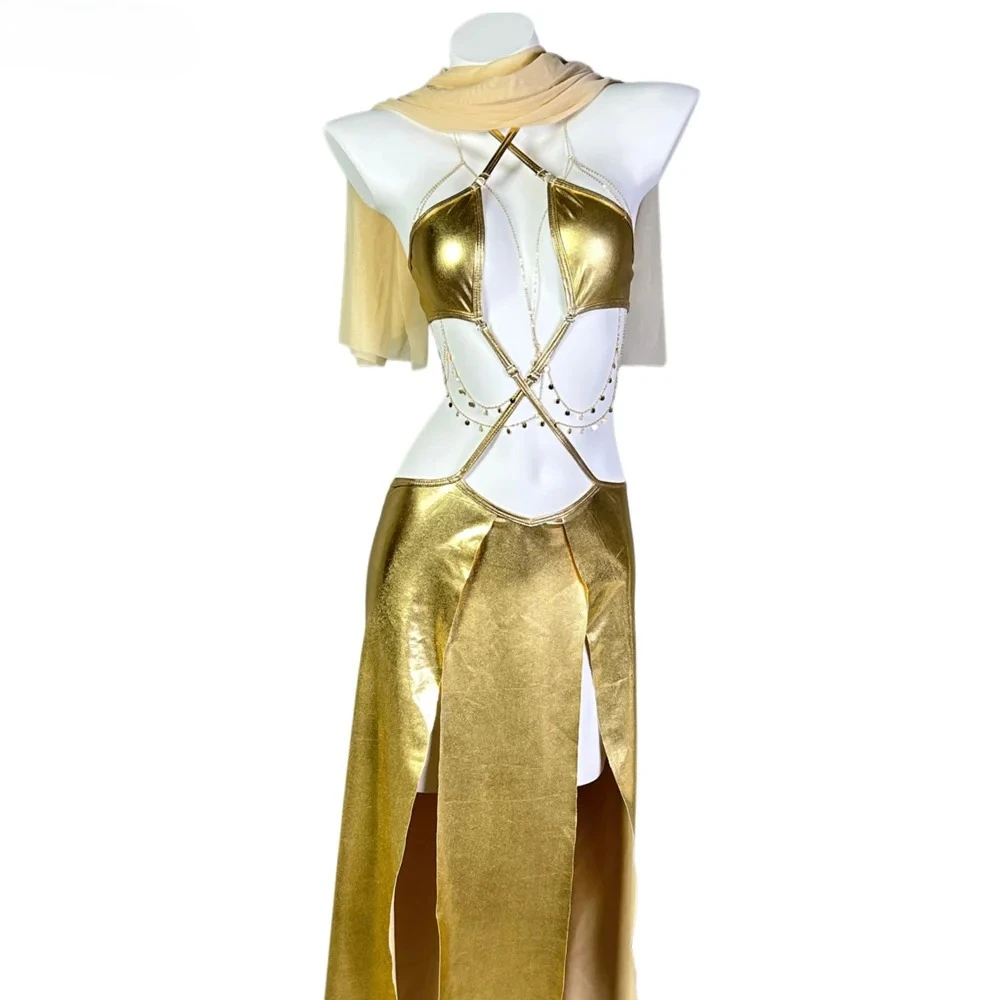 

Medieval Egypt Queen Gold Dress Egyptian Cat Outfits Cosplay Costume Sexy Vintage Goddess Roleplay Uniform Dance Girl Nightdress