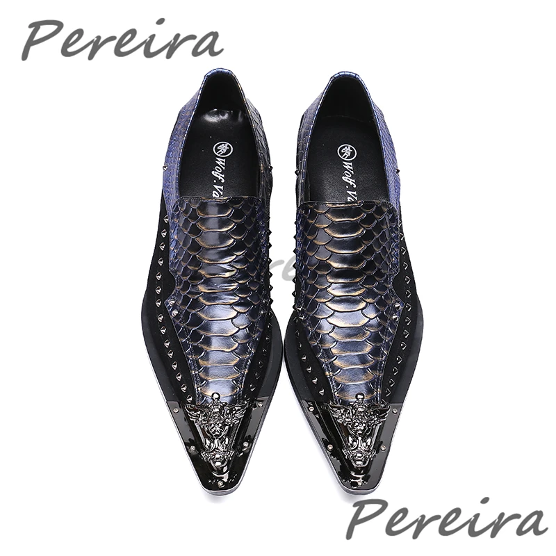 Мужская обувь с железным острым носком, модные деловые модельные туфли из коровьей кожи с заклепками и змеиным узором, лоскутные вечерние свадебные туфли ручной работы