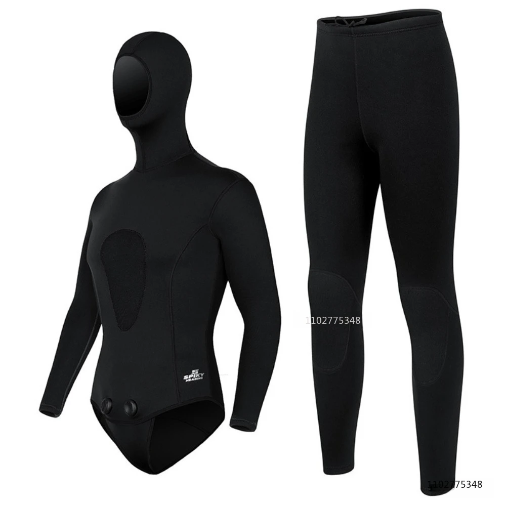Roupa de Mergulho Masculina para Pesca Subaquática 3mm Neoprene Calça e Top com Capuz Super Elástico para Caça, Snorkel, Mergulho e Surf em Água Fria