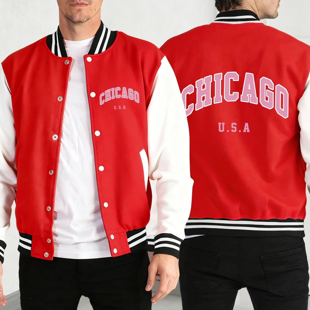 

Chicago Usa Letter Print Jacket Men Street Colour Fleece Baseball Jersey Fashion Casual Coat Autumn Loose Mans Vintage Clothing