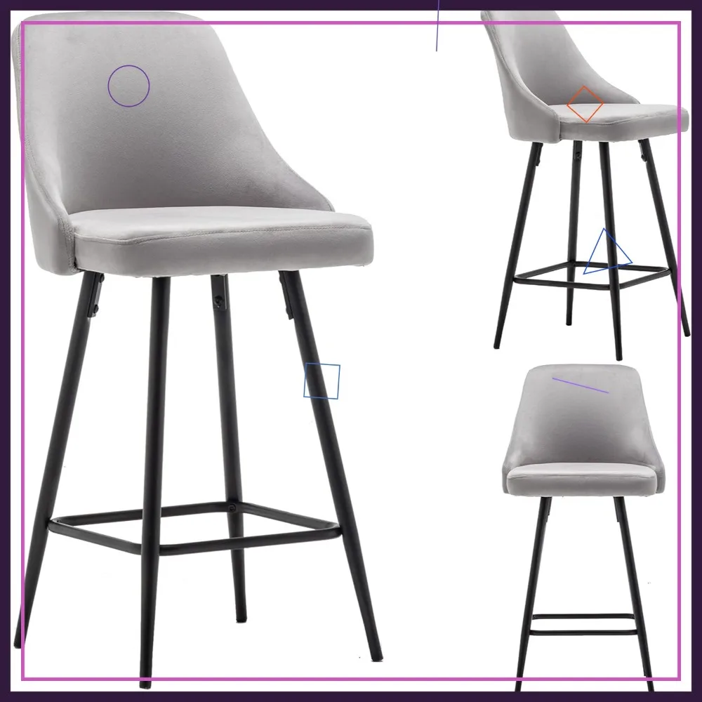 

Набор из 2 серых бархатных барных стульев премиум-класса, стулья высотой 25 дюймов для современного обеденного и кухонного декора