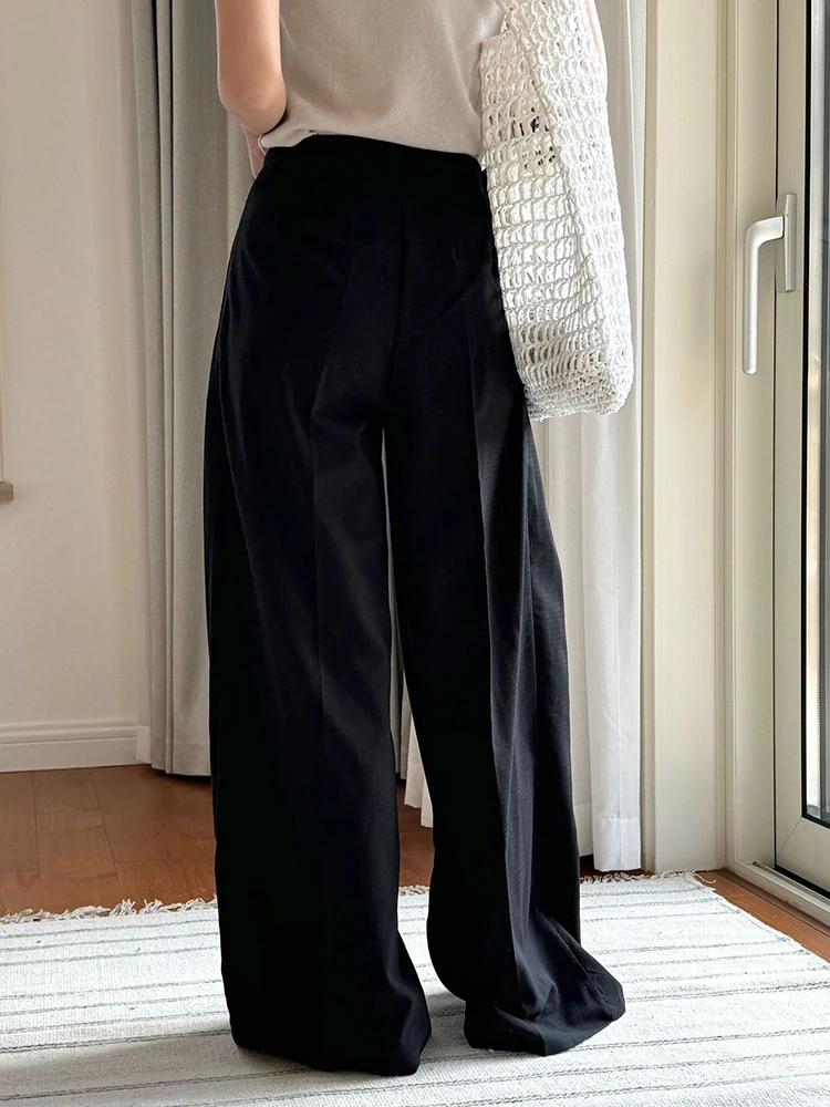 [EAM] High Elastic Waist Black Brief Pleated Long Wide Leg Pants New Trousers Women Fashion Tide Spring Autumn 2024 1DH6020