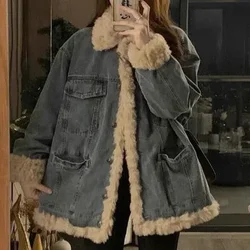Thickened Fur Collar Denim Coat Windproof Women Jacket Warm Overcoat Long Sleeve Wool 2024 Autumn Winter Casual Outerwear