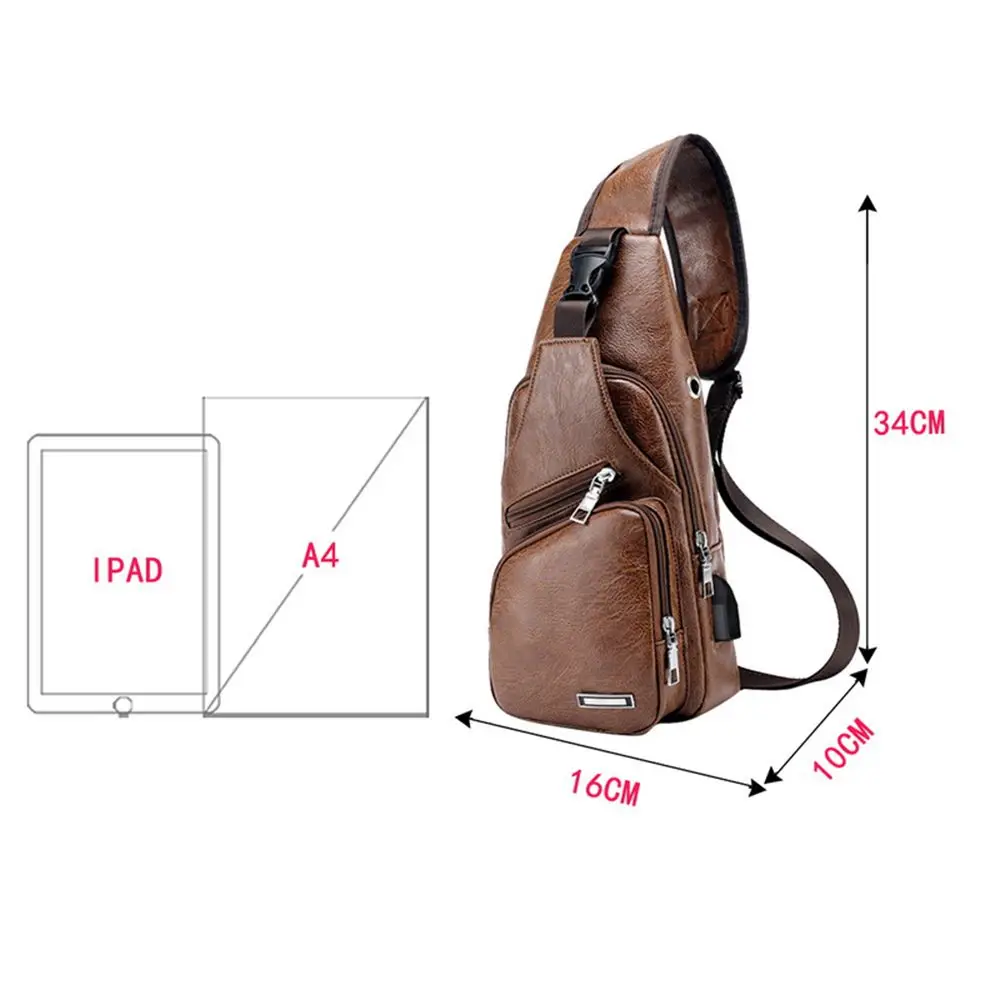 USB data cable charging chest bag casual fashion shoulder bag PU outdoor sports men\'s bag