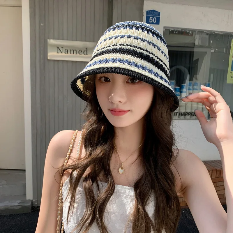 New Colorful Stripe Knitted Bowl Hats for Women\'s Casual Versatile Korean   Decoration Foldable Sun Visor Hat  Bucket Hat