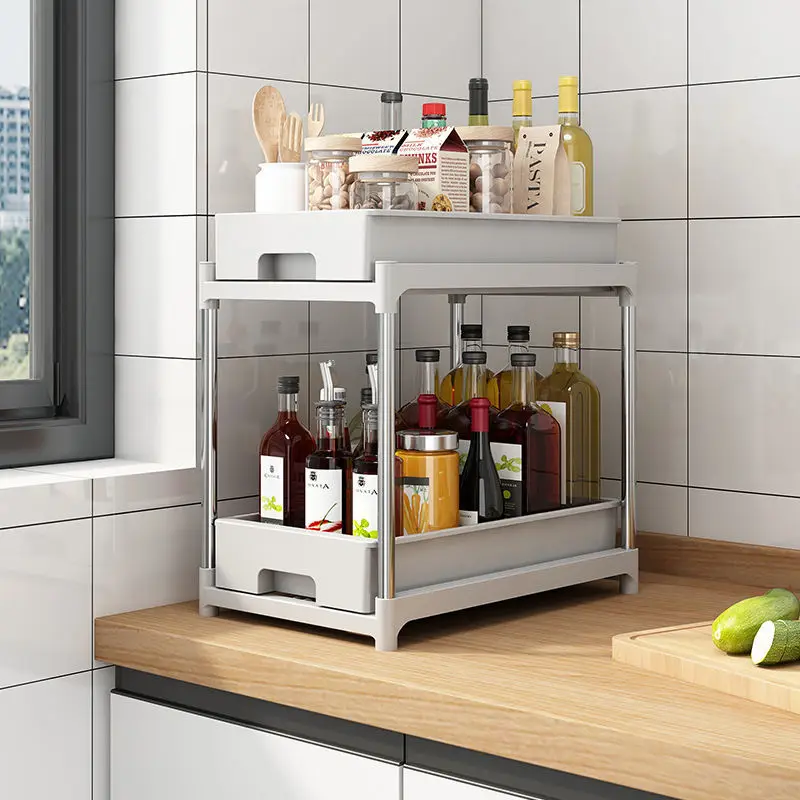 

Kitchen 2-Layer Storage Rack Countertop Cabinet Seasoning Bottle Water Cup Cutlery Organizer Rack Snack Debris Shelf