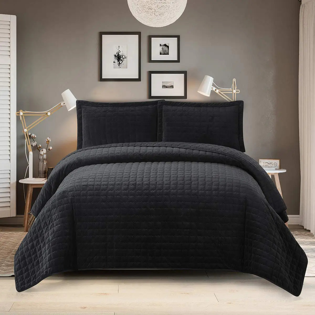 Queen Size Velvet Quilt Set – Oversized Plush Luxury Coverlet Bedding Set with 2 Pillow Shams, Soft Lightweight