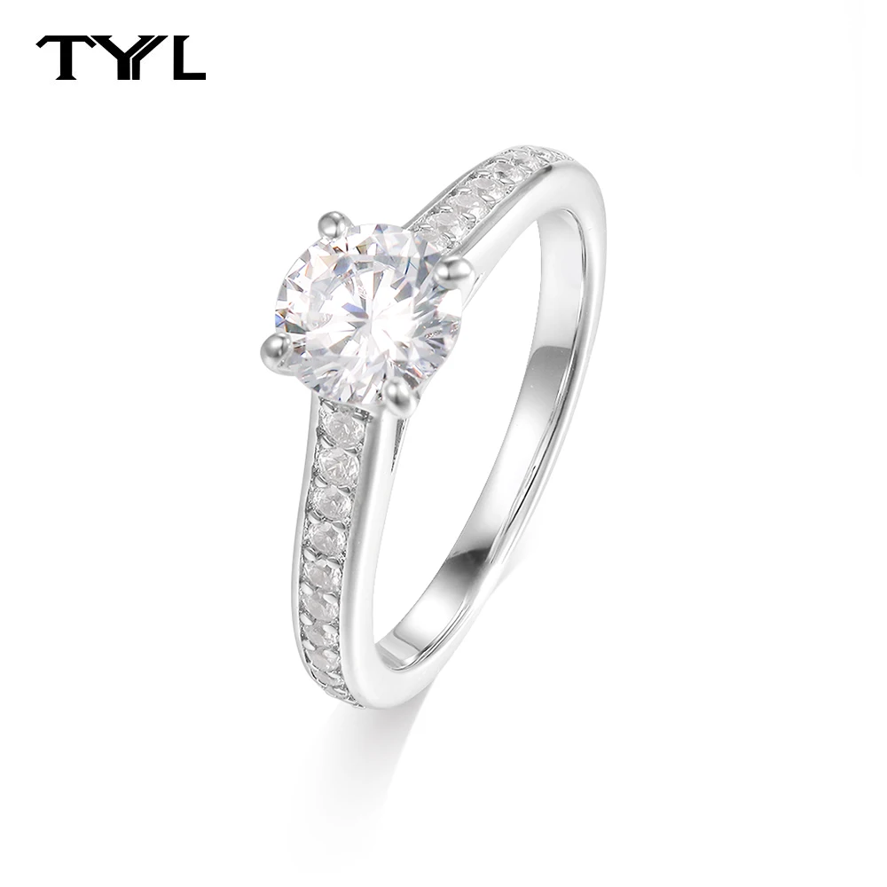 

TYYL Luxury Silver Plated Engagement Ring Solitaire 1CT Round Cut Zircon Promise Jewelry for Women Bridal Wedding Band Gift