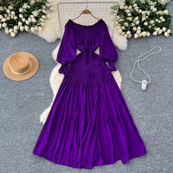 Vintage Slash Neck Basics Long Lantern Sleeve Chic Pleated Slim Split Dresses French Evening Women High Street Autumn Clothing