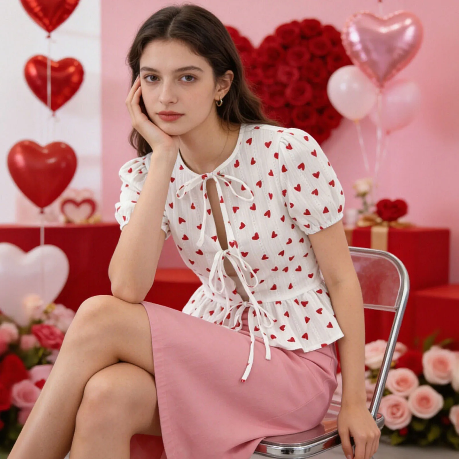 

Женская летняя блузка с завязками спереди, с принтом в виде сердечек, короткими рукавами, круглым вырезом и рюшами по низу