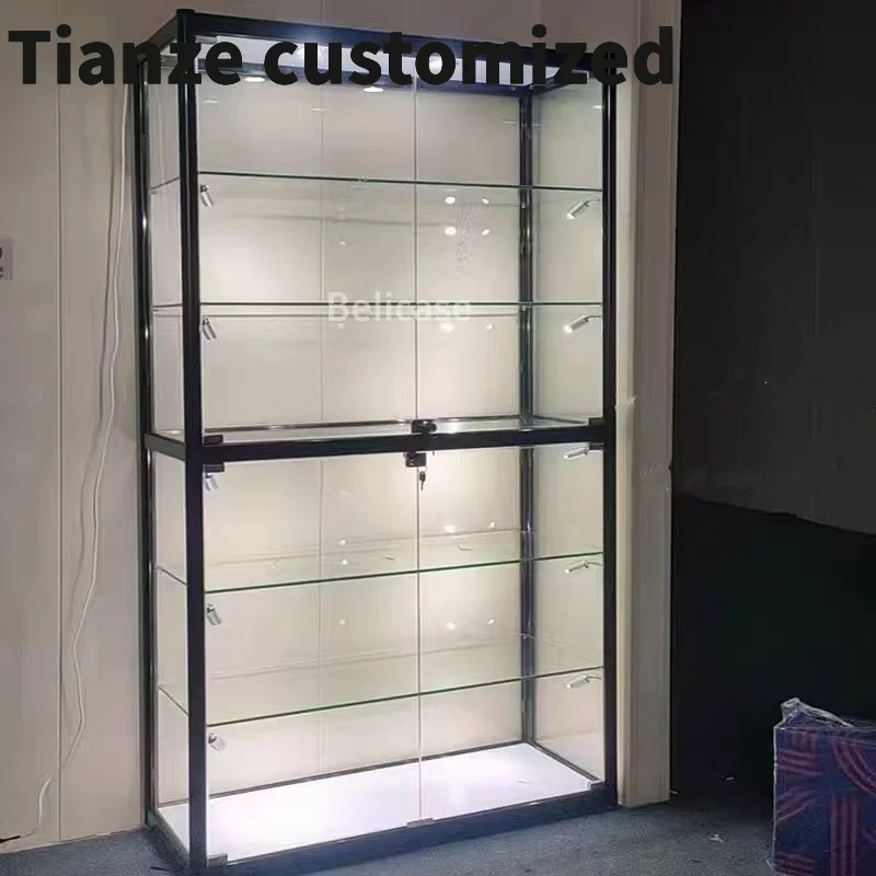 Customized-FullWall Glass Display Cabinet Removable Glass Shelves Showcase with Led Lighting Smoke Shop