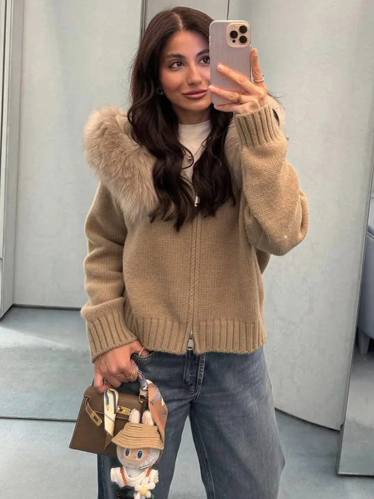 

Kitted Sweaters Women Hoodie Cardigan Fluffy Zipper Patchwork Long Sleeve Ribbed Solid Knit Jacket Womens
