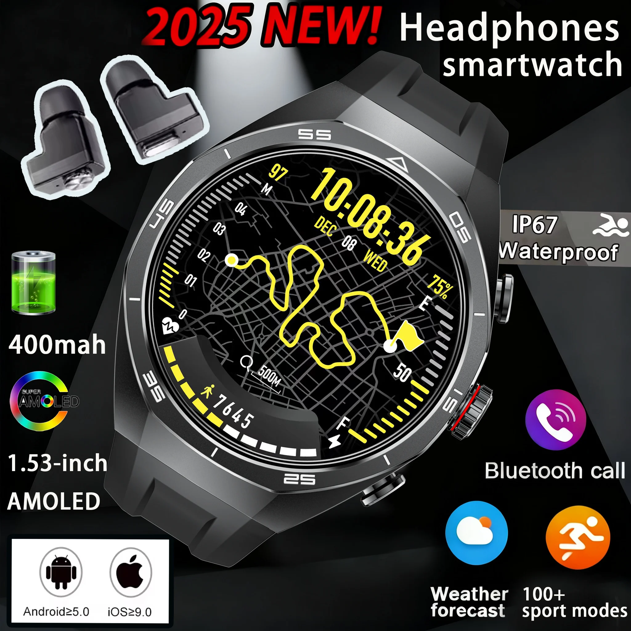 

2025 TWS 2-in-1 With Headset Smart Watch Bluetooth Call Men Women Watches Smartwatch Earbud HeartRate Monitor Play Music Watch
