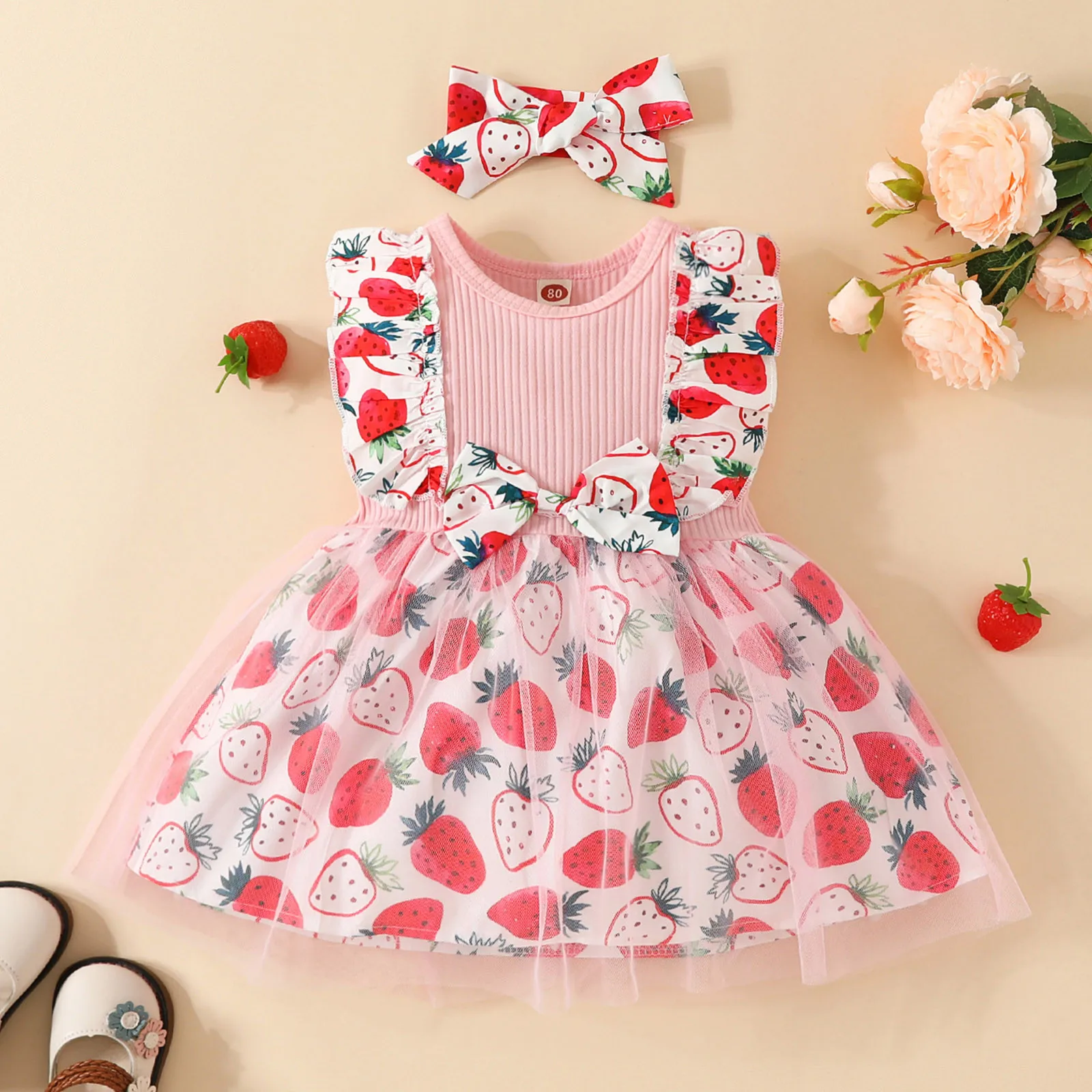 Sweet Baby Strawberry Dresses For Girls Fly Sleeve Lace Tulle Dress Newborn Princess Party Dress Summer Baby Clothing 0-3Y