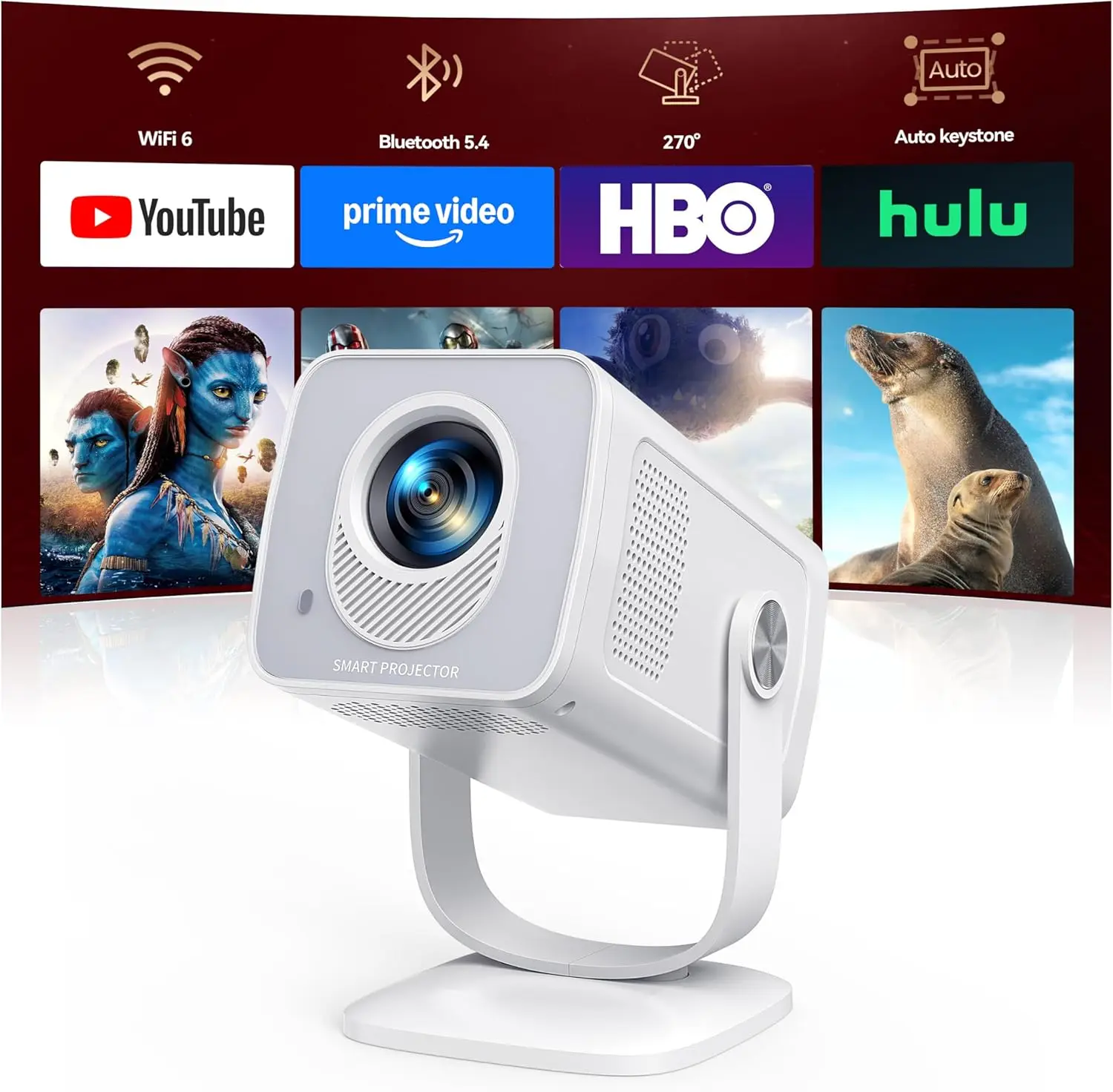

Портативный мини-проектор WiFi6 Bluetooth5.4, поддержка 1080P 4K, автоматическая коррекция трапецеидальных искажений и поворот, для телефона/HDMI/USB
