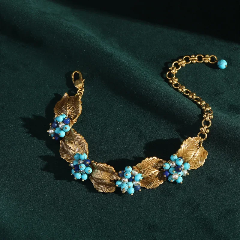 Luxury Woman Leaves Charm Bracelet Italian Designer Boho Blue Beads Pearl Handmade Jewelry Women\'s Accessories Christmas Gifts