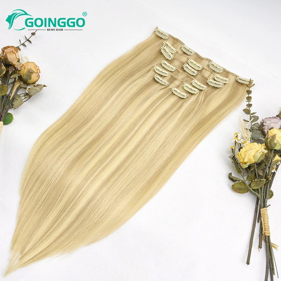 Clip In Hair Extensions Human Hair European 7Pcs/set 120g Highlight Medium brown Platinum Blonde Clip ins Extension full end