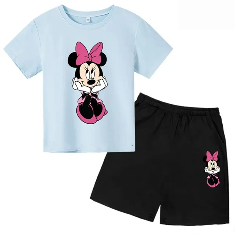 Mickey Mouse Summer Children Teenager Round Neck T-shirts+ Shorts Sets Suitability 2-12 Years Boys Girl Casual Short Sleeve