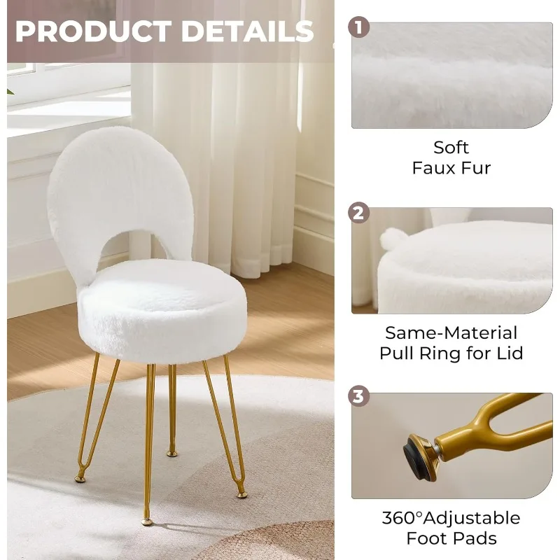 Faux Fur White Small Vanity Chair & Stool - Folding Back Storage Ottoman, Anti-Slip Golden V-Leg for Bedroom Makeup Room view 6