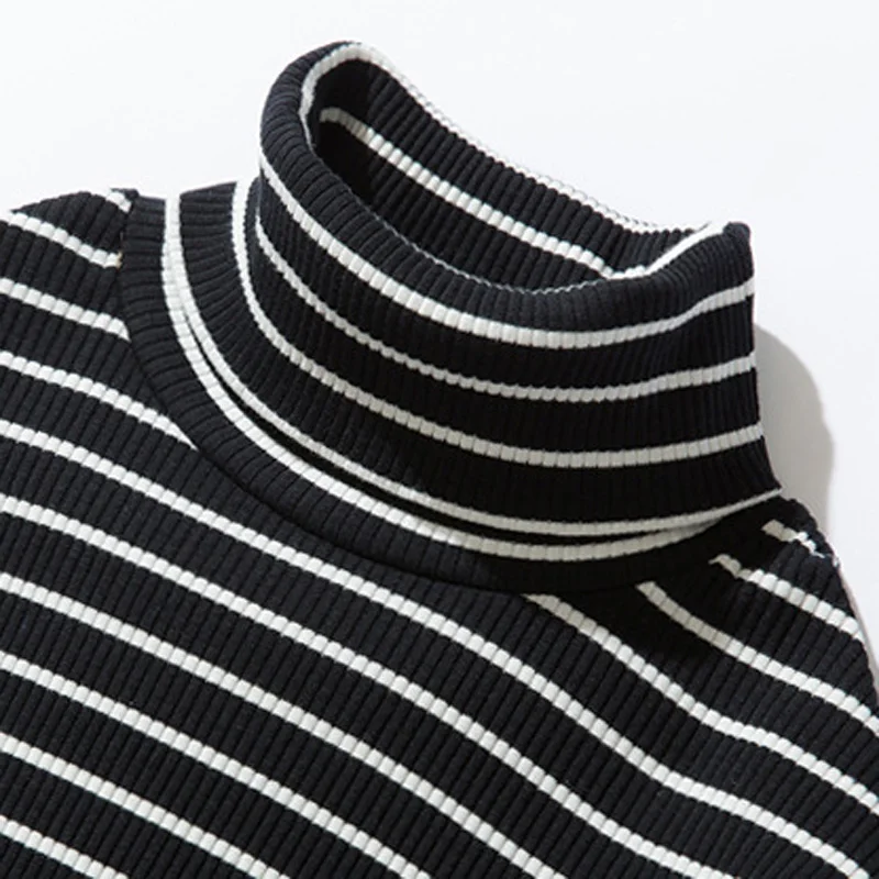 Spring Men\'s Retro Striped Turtleneck T-shirts Long Sleeve Loose Pullover T-shirt Base Tee Tops Man Clothing