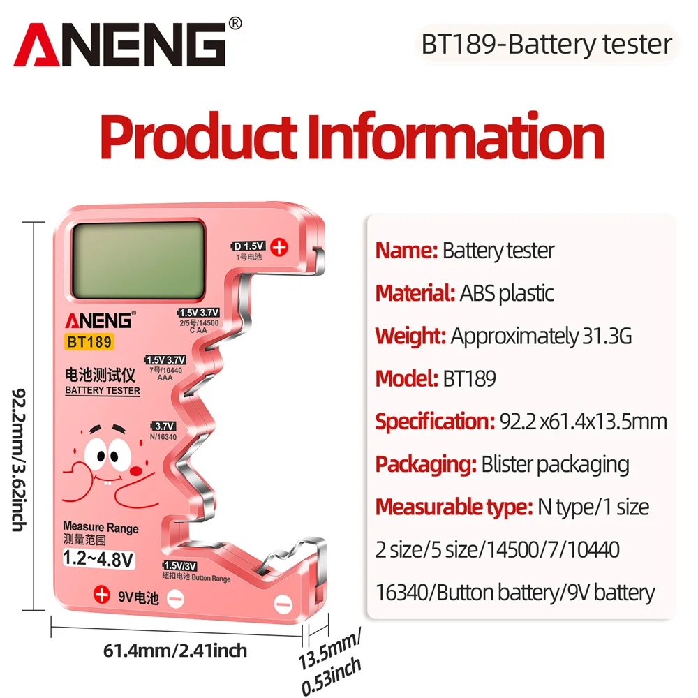 ANENG BT189 Battery 9V N D C AA AAA Battery Tester Power Bank Detectors Tools Tester Universal Household LCD Display