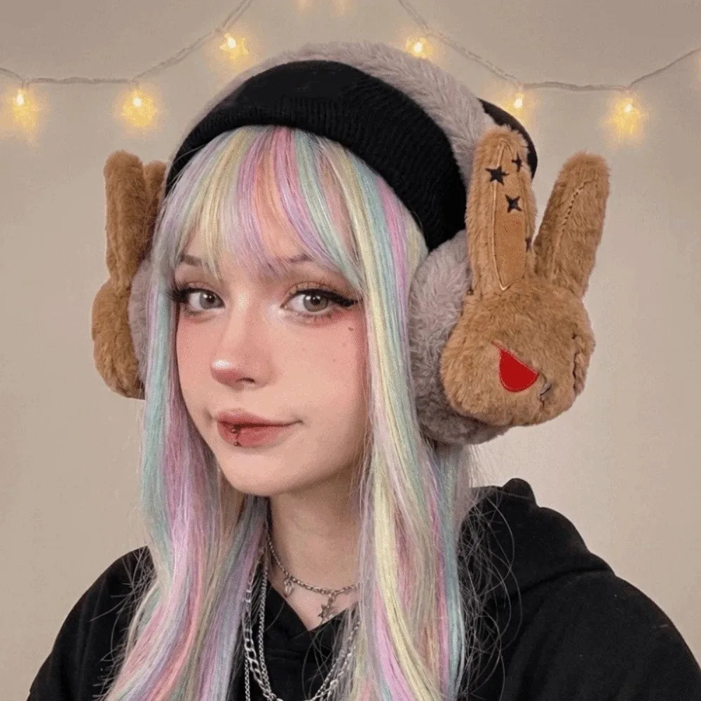 Plush Bunny Winter Ear Warmers Soft Fluffy Star Pattern Wounded Rabbit Earmuffs Cartoon Cold-Resistant Fuzzy Ear Protection