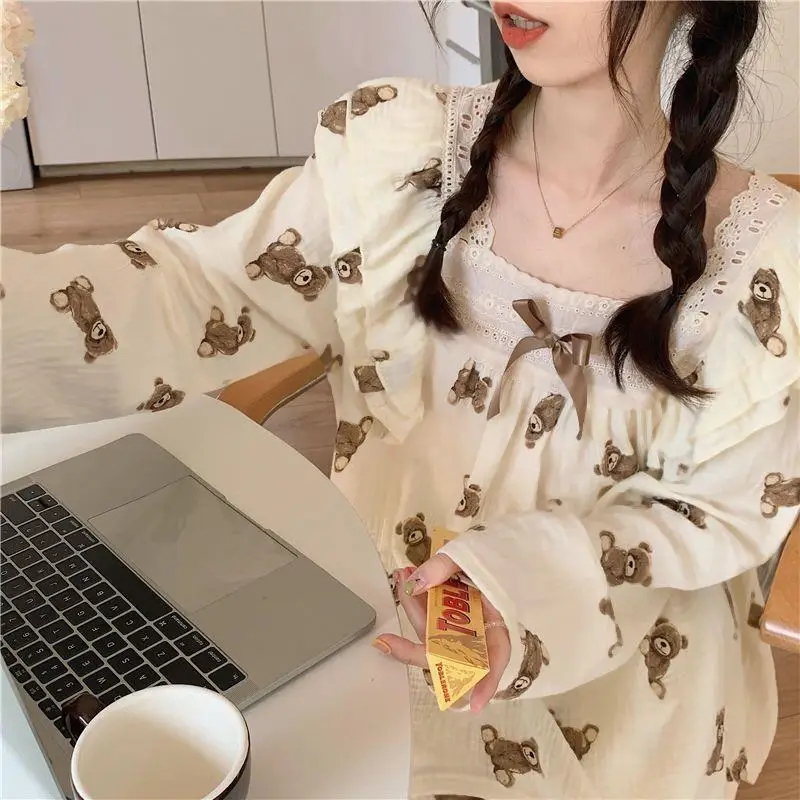 Cute Autumn Bear Bow Long Sleeve Long Pants Pajamas Women New Winter 2024 Loungewear Set Women