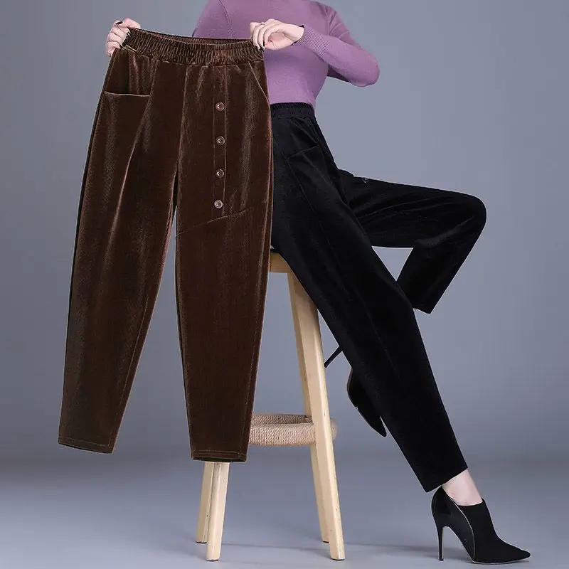 Regular/plush Corduroy Casual Pants for Women 2023 Autumn Winter New High Waist Patchwork Button Loose Striped Down Trousers