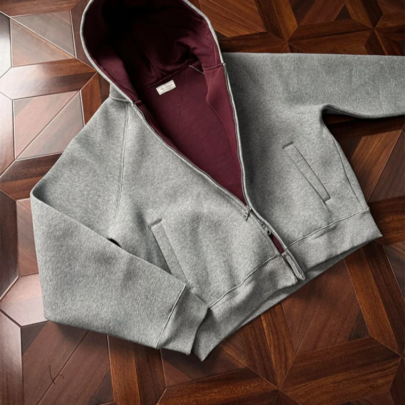 2026 New Spring Autumn Short Hooded Sweatshirt Cardigan Men Women American Trendy Brand Loose Couple Hoodie Zipper Jacket