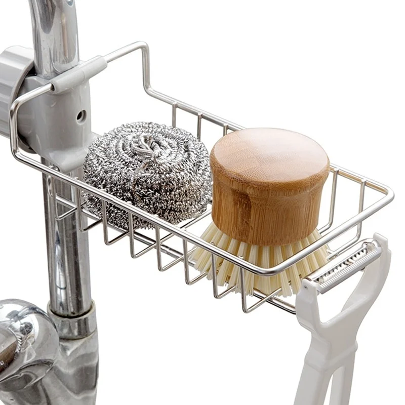 New Kitchen Sink Faucet Shelf Stainless Steel Sponge Holder Adjustable Sink Faucet Dishcloth Towel Storage Rack