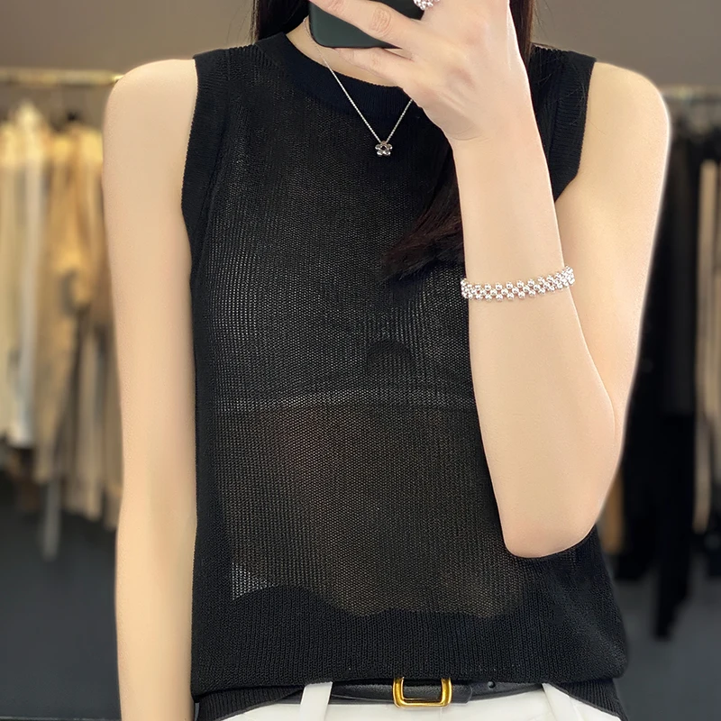 

Spring and summer Merino wool knitted women's round neck sleeveless solid color pullover, high-quality soft casual top