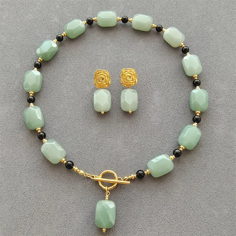 

French Romantic Geometric Square Green Natural Stone Black Agate Beaded Necklace Matching Earrings for Women Statement Jewelry
