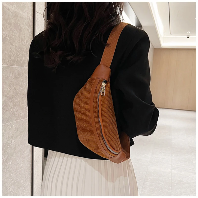 Fashion Corduroy Women Waist Bag Student Ladies Shoulder Crossbody Zipper Chest Bag Phone Banana Female Bags