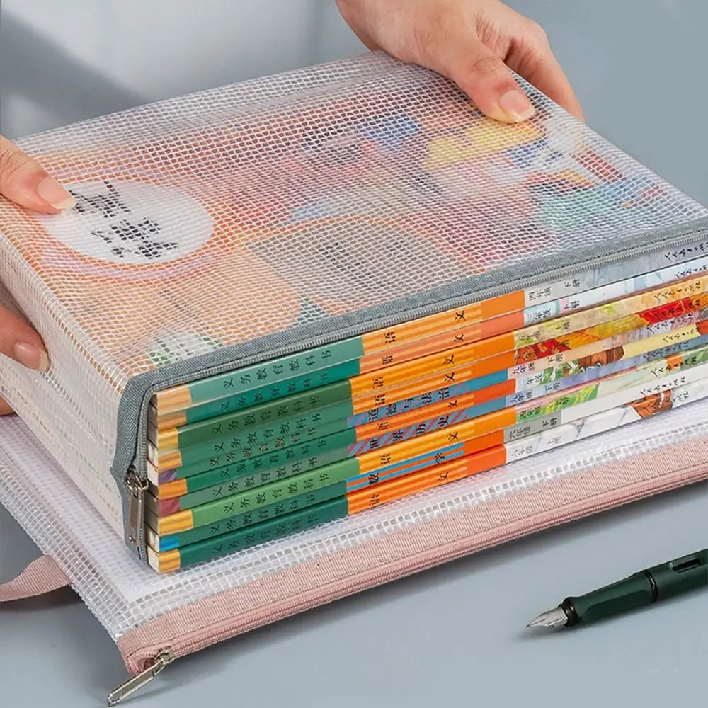 Double-layer Mesh Zipper Storage Bag Transparent PVC A4 File Folder Bag Portable Waterproof Document Bag School Office