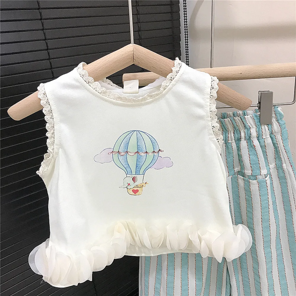 2pcs Girls Pants Sets Lace O-neck Sleeveless Ruched Hem Tops Shirt+Elastic Waist Contrast Striped Wide Leg Pants 2pcs Kids Suit