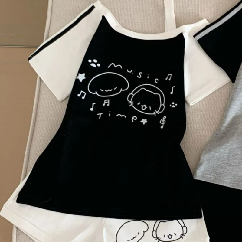 Japanese Kawaii Cartoon Printing T Shirt Women Y2K Aesthetic Harajuku Tops Summer Cute Contrast Skew Collar Casual Loose Tees
