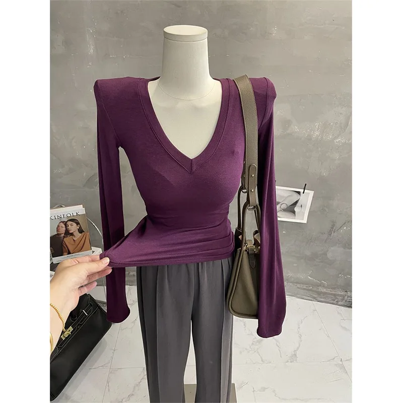 

Sexy V-neck shoulder pads long-sleeved T-shirt women's thin bottoming shirt tight solid color top