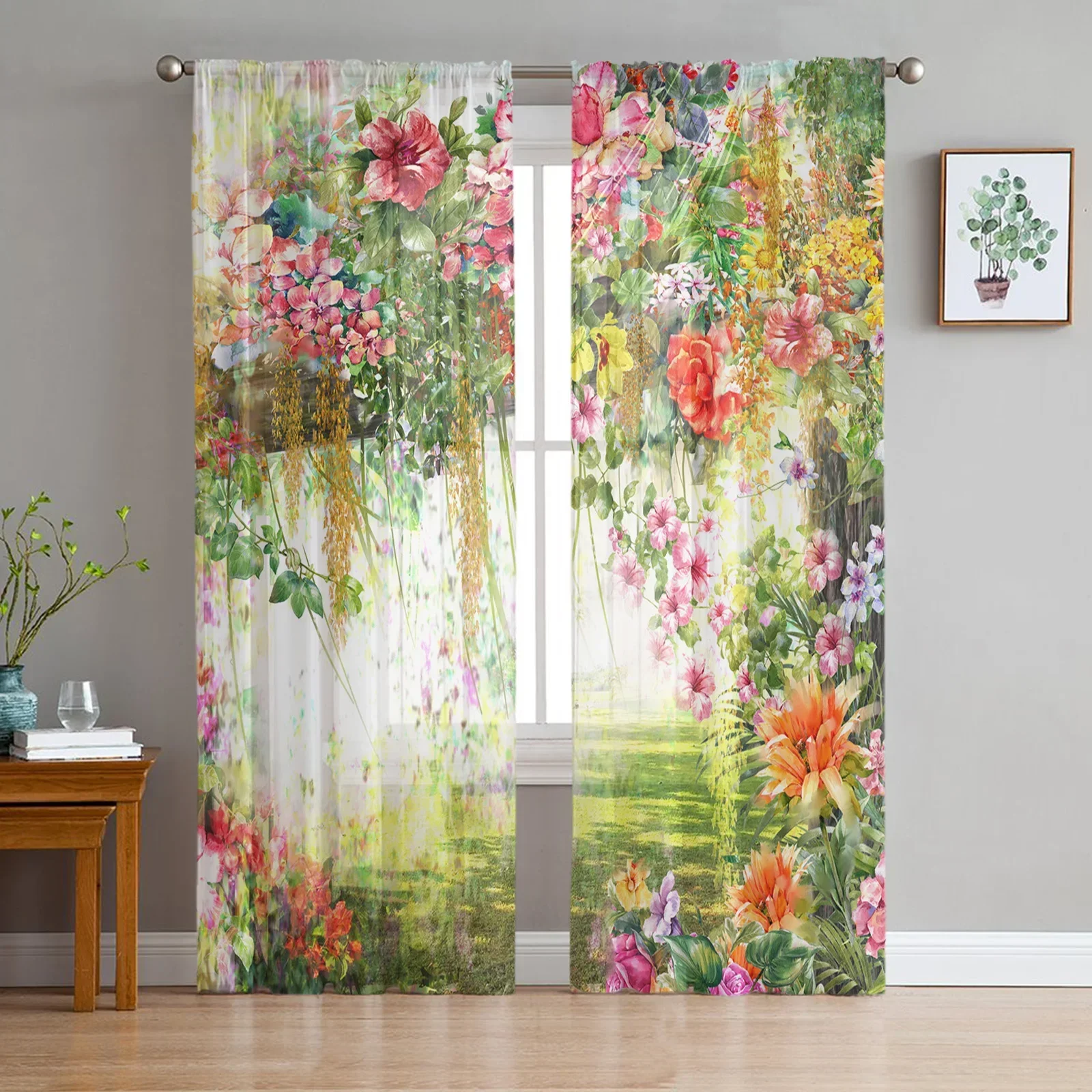 Oil Painting Style Spring Flowers Tulle Window Curtains Living Room Organza Sheer Voile Curtain Bedroom Kitchen Home Decor Drape