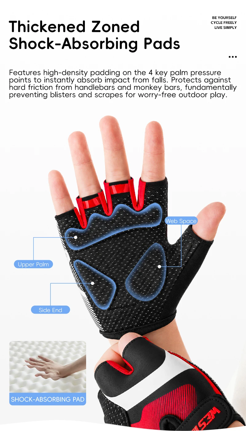 WEST BIKING Fahrradhandschuhe für Jungen, halbe Finger, stoßdämpfend, rutschfest, mit Silikonpolster, Fahrradausrüstung für Mädchen, Sommer-Sporthandschuhe – Detail 5
