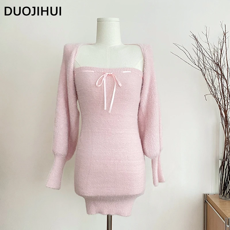 DUOJIHUI Two Piece Pink Sweet Women\'s Dresses Korean Style Knitting Soft Chic Bow Canshoulder Blast Pure Color Female Mini Dress