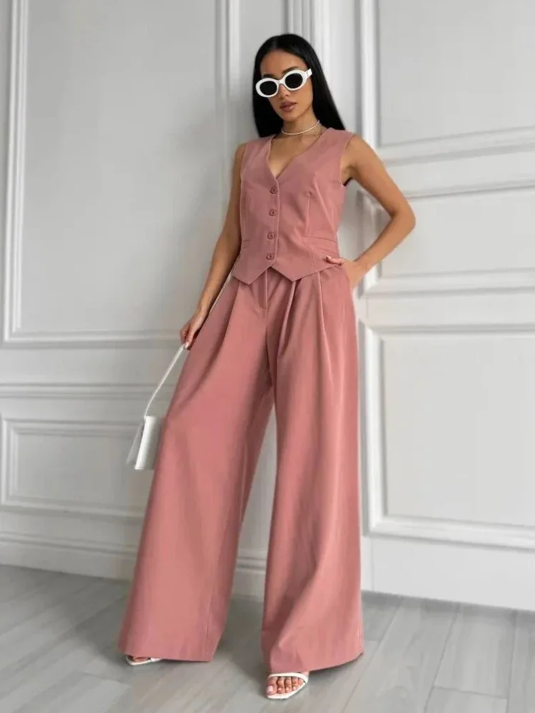 2024 New Sleeveless Vest Pants Office Ladies Suit Summer Chic women\'s v-neck monopetto Vest Suit pantaloni Set a due pezzi