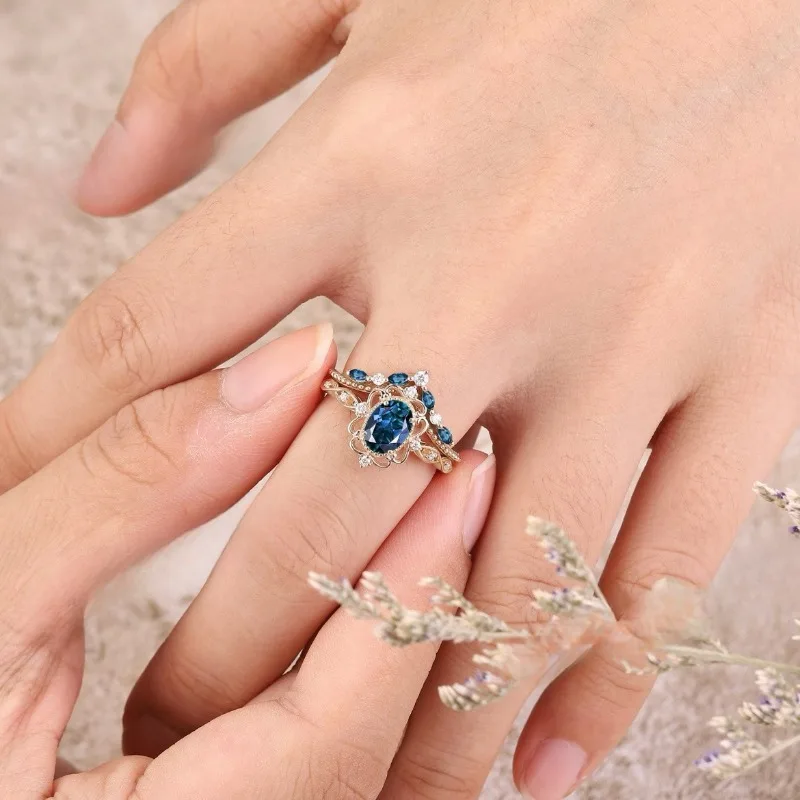 Bagues délicates incrustées de pierre blanche et bleue, bagues de mariage rondes éblouissantes à la mode pour fête de fiançailles, bijoux pour femmes