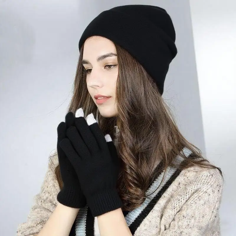 

Solid Unisex Beanie Gloves Hand Warmer Set Autumn Winter Soft Warm Comfortable Wool Knitted Cap And Five Finger Gloves