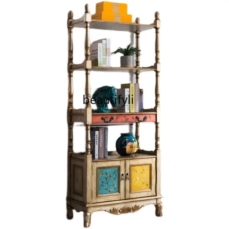 yj American-Style Country Solid Wood Bookshelf Floor Storage Rack European-Style Painted Wall Bookcase